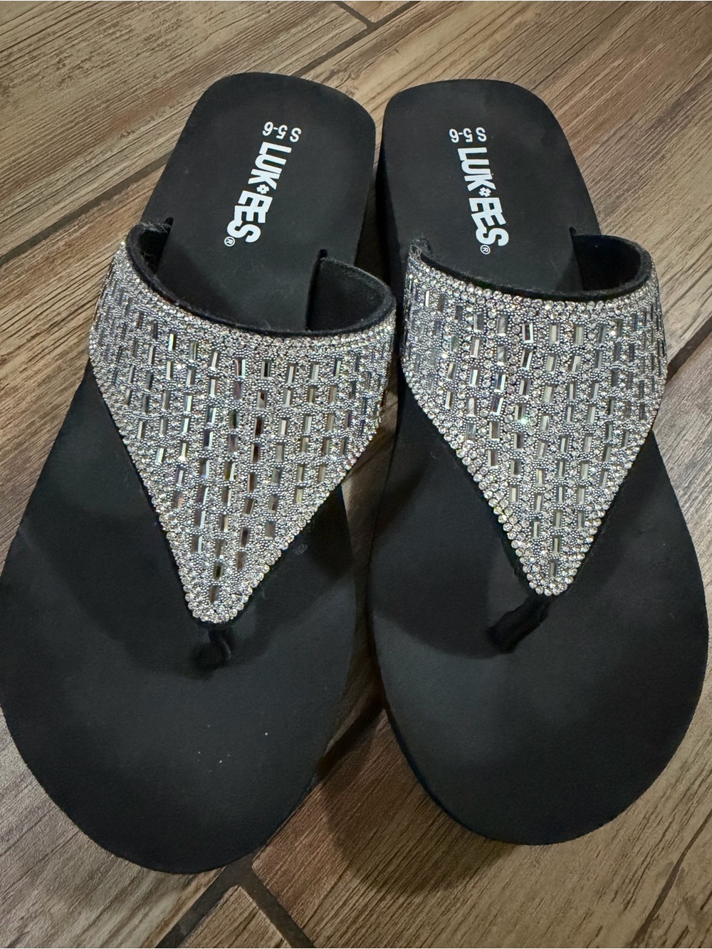 Muk Luks Black Flip Flop Sandals with Silver Rhinestone Straps